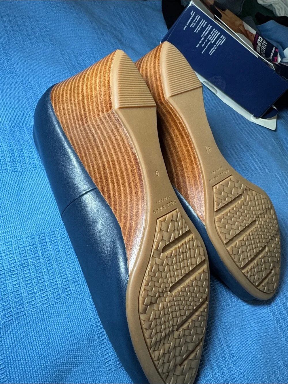 SZ 9B Cole Haan Grand-series Navy Peep-Toe Wedge Pumps gently used